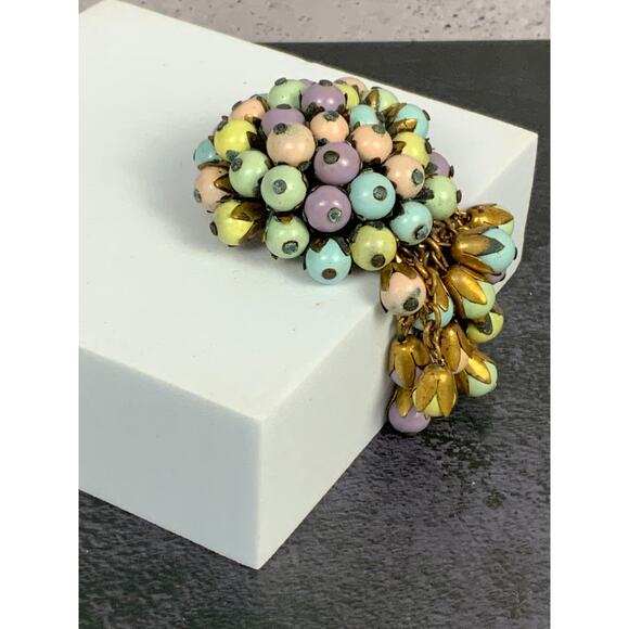 Miriam Haskell Vintage Early Dangle‎ Glass Pastel Brooch 3" Read Condition - Picture 2 of 8